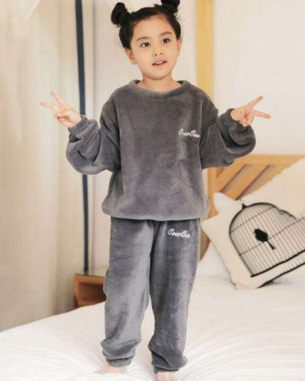 Cozy Embroidered Coral Fleece Pajama Set for Kids - Winter Warmth