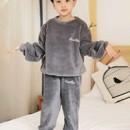 Cozy Embroidered Coral Fleece Pajama Set for Kids - Winter Warmth