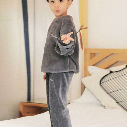 Cozy Embroidered Coral Fleece Pajama Set for Kids - Winter Warmth