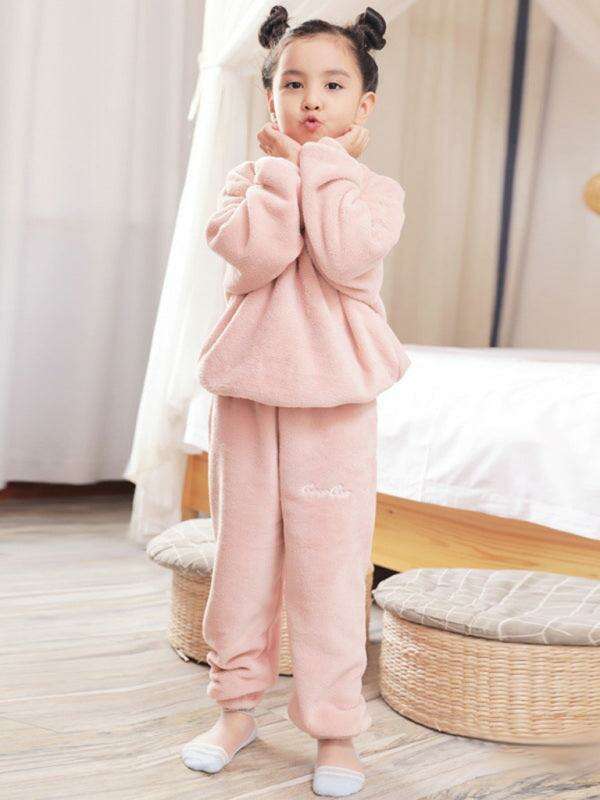 Cozy Embroidered Coral Fleece Pajama Set for Kids - Winter Warmth