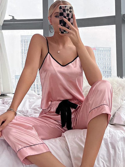 Satin Elegance Pink Trim Pyjama Set - Women's Luxurious Lounge Wear