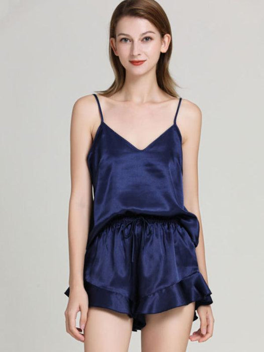 Solid Color V-Neck Camisole and Shorts Pajama Set for Women