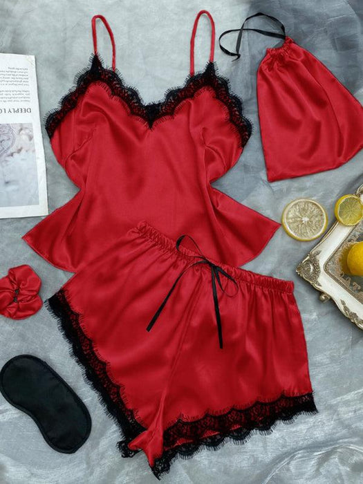 Contrast Lace Camisole and Shorts Pajama Set for Women