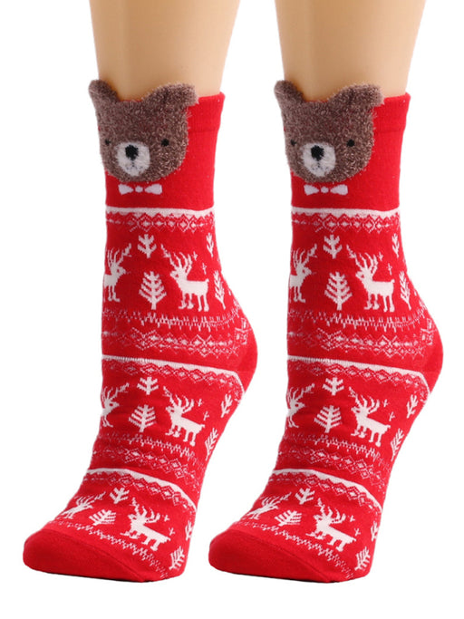 Cheerful Christmas Cartoon Striped Socks - Festive Women's Holiday Accessory