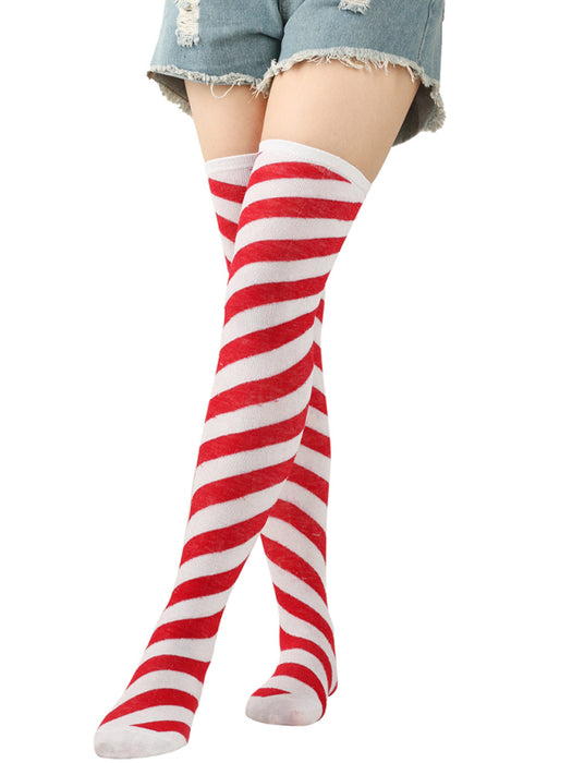 Festive Christmas Floral Patterned Over-the-Knee Socks with Striped Accent