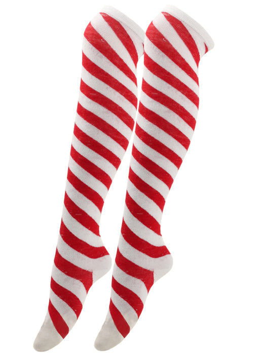 Festive Christmas Floral Patterned Over-the-Knee Socks with Striped Accent
