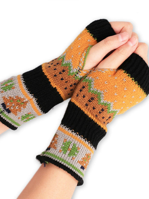 Christmas Tree Patterned Fingerless Wool Gloves - Women's Festive Holiday Accessory