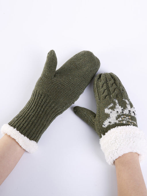 Christmas Fawn Diamond Wool Knit Gloves - Women's Festive Accessory
