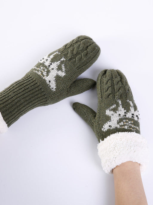 Christmas Fawn Diamond Wool Knit Gloves - Women's Festive Accessory