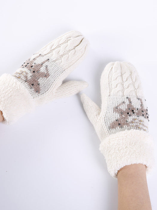 Festive Christmas Fawn Wool Knit Gloves for Women