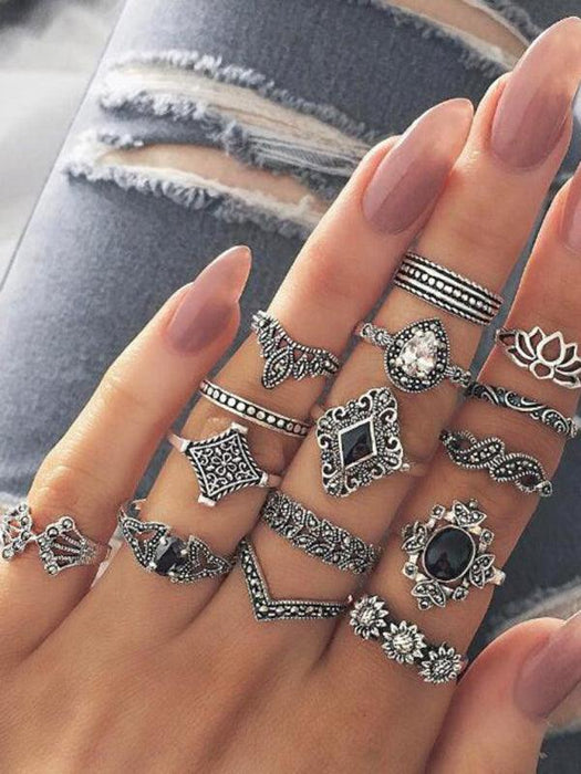 Lotus Sunflower Geometric Alloy Ring Set with Personality-Inspired Designs