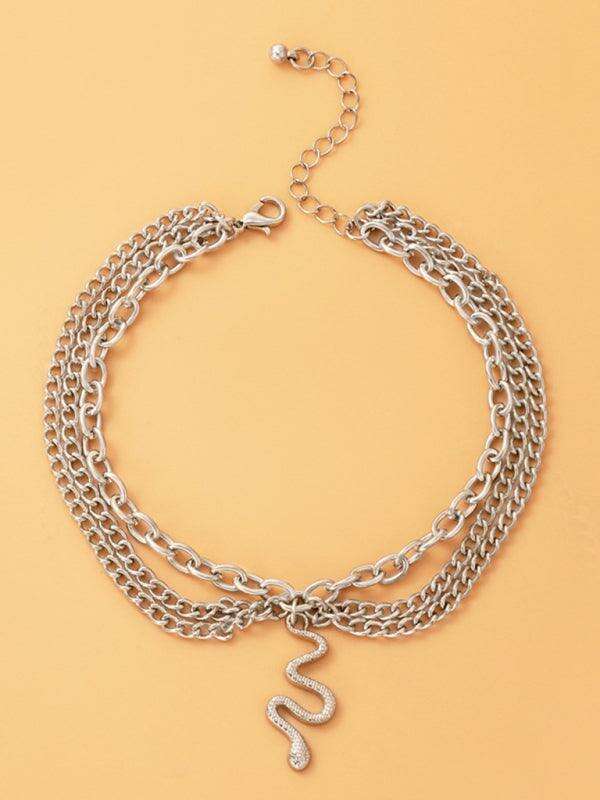 Serpent Heart Charm Triple-Layered Anklet with Elegant Tassel