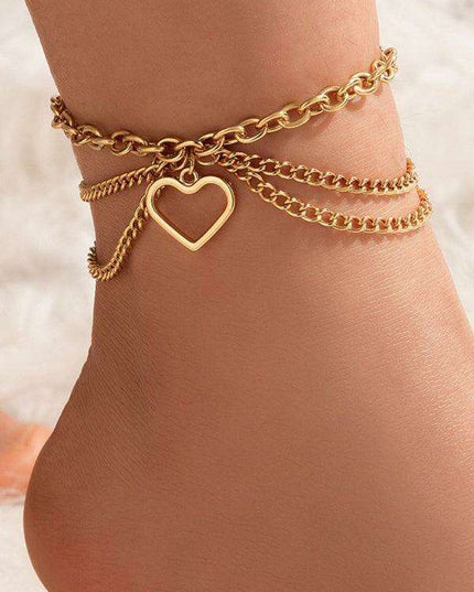 Serpent Heart Charm Triple-Layered Anklet with Elegant Tassel