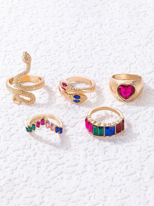 Exquisite Snake Charm Gold Alloy Rings Set - Elegant Five-Piece Jewelry Collection
