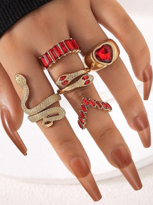 Elegant Snake Charm Gold Alloy Ring Set - Stylish Five-Piece Jewelry Ensemble