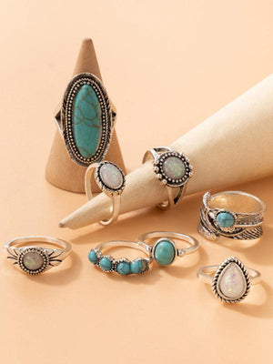 Ethnic style retro inlaid turquoise carved feather ring fashion 8-piece combination ring set-kakaclo-Pattern2-F-Très Elite