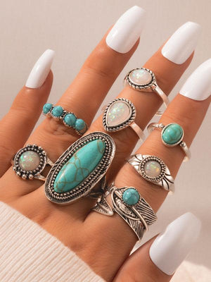 Ethnic style retro inlaid turquoise carved feather ring fashion 8-piece combination ring set-kakaclo-Pattern2-F-Très Elite