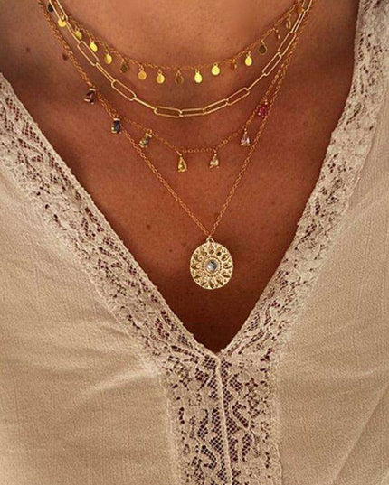 Chic Layered Necklace with Rhinestone Tassel and Geometric Discs