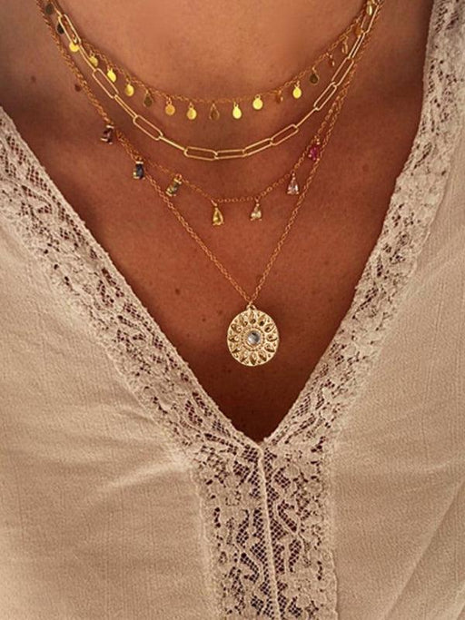 Exquisite Geometric Disc Layered Necklace with Sparkling Rhinestone Tassel