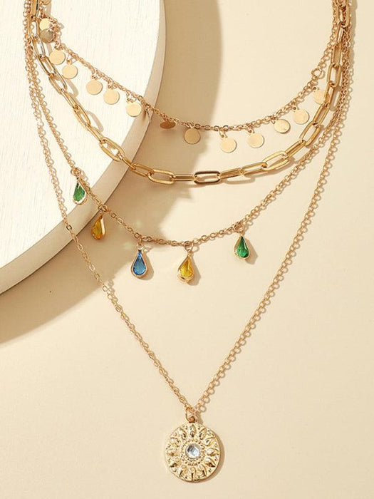 Chic Layered Necklace with Rhinestone Tassel and Geometric Discs