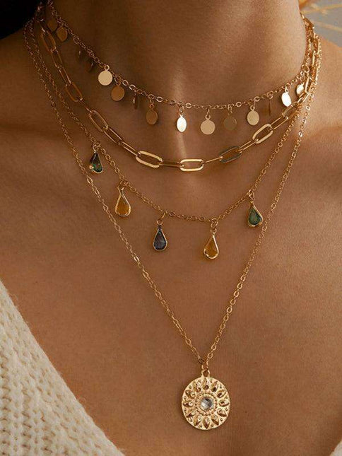 Chic Layered Necklace with Rhinestone Tassel and Geometric Discs