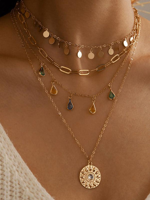 Exquisite Geometric Disc Layered Necklace with Sparkling Rhinestone Tassel
