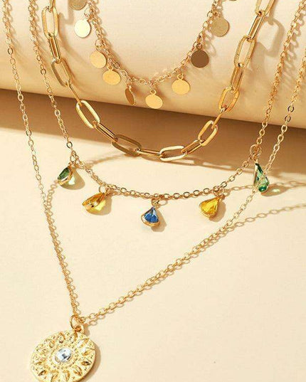 Chic Layered Necklace with Rhinestone Tassel and Geometric Discs