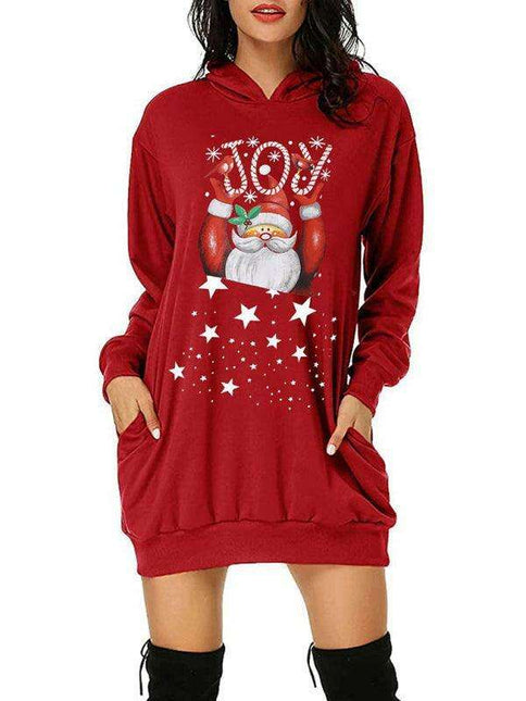 Charming Christmas Hooded Sweater Dress with Distinctive Print for Women
