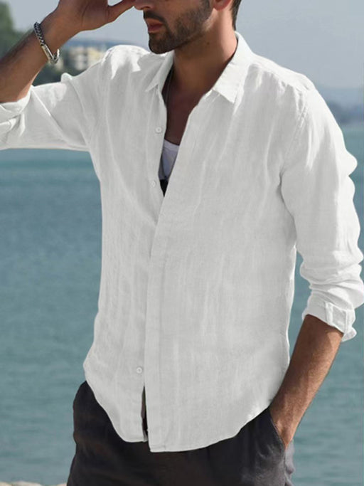 Stylish Men's White Linen Button-Down Shirt with Long Sleeves