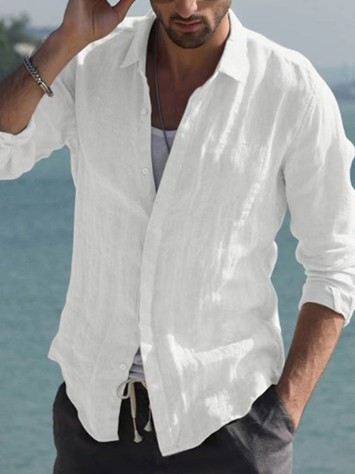 Stylish Men's White Linen Button-Down Shirt with Long Sleeves