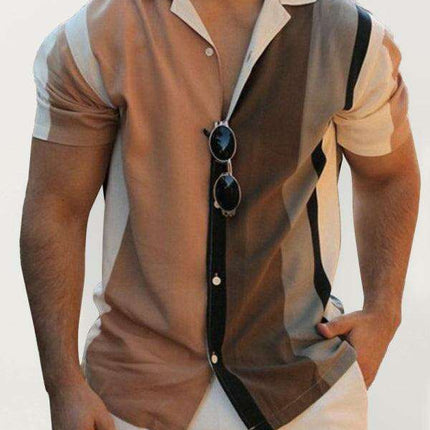 Men's Trendy Color-Block Striped Short Sleeve Shirt - Essential for Summer Style
