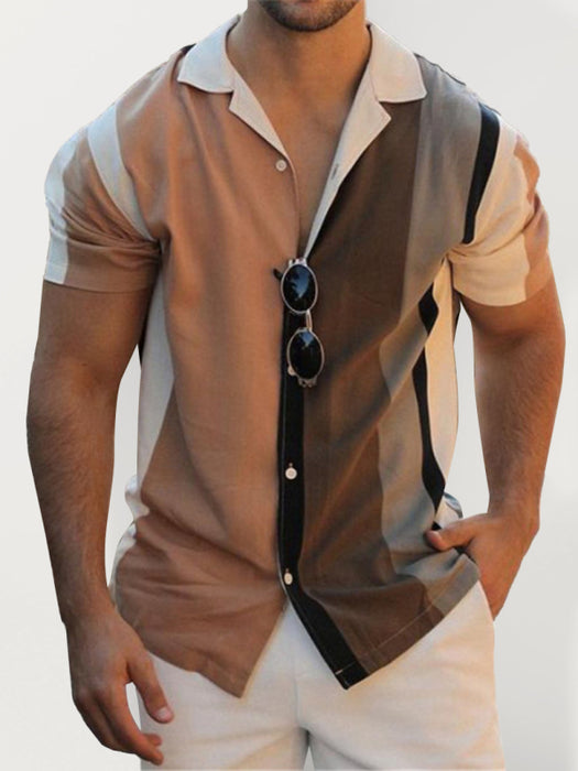 Color-Blocked Men's Striped Button-up Shirt with Short Sleeves