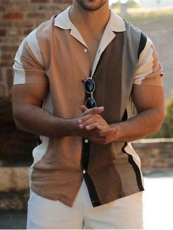 Men's Trendy Color-Block Striped Short Sleeve Shirt - Essential for Summer Style