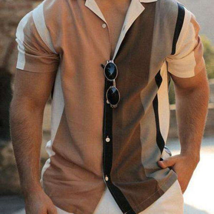 Men's Trendy Color-Block Striped Short Sleeve Shirt - Essential for Summer Style
