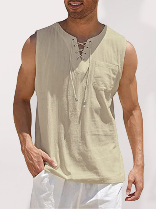 Solid Color Lace-Up Muscle Tank Top for Men - Leisure Style Essential