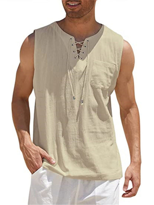 Solid Color Lace-Up Muscle Tank Top for Men - Leisure Style Essential