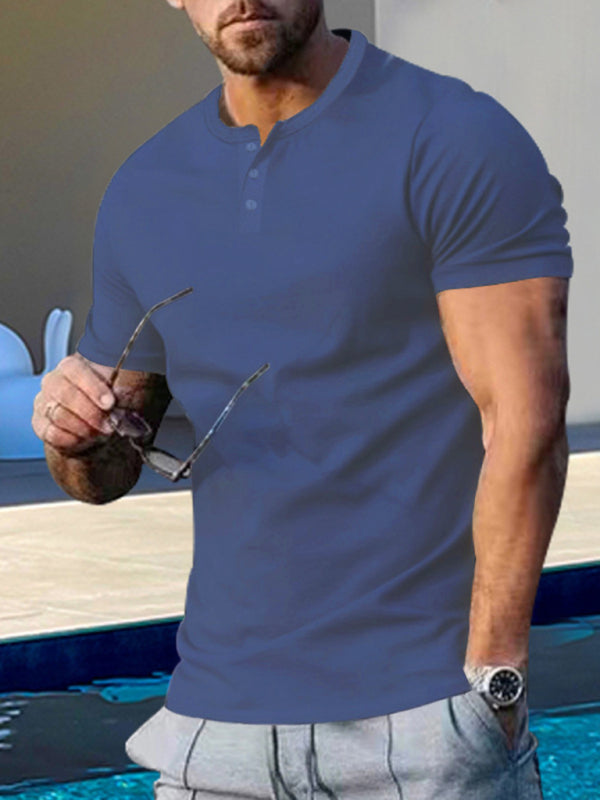 Summer-Ready Men's Casual Henley Tee with Drop Shoulder Sleeves