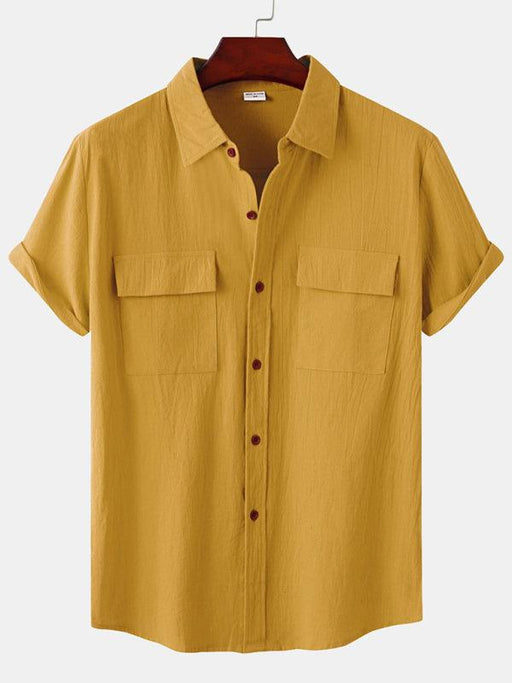 Men's Casual Solid Square Neck Linen Blend Shirt with Half Sleeves for Leisure