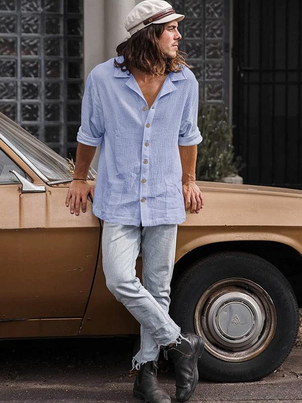 Men's Loose Plus Size Casual Lapel Long Sleeve Shirt Solid Color Shirt-kakaclo-Clear blue-S-Très Elite