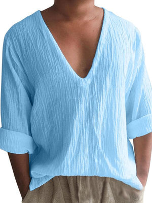 Men's New Long Sleeve Solid Color V Neck Washed Water Cotton T-Shirt-kakaclo-Blue-M-Très Elite