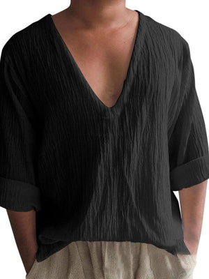 Men's New Long Sleeve Solid Color V Neck Washed Water Cotton T-Shirt-kakaclo-Black-M-Très Elite