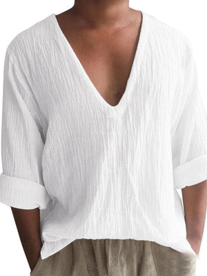 Men's New Long Sleeve Solid Color V Neck Washed Water Cotton T-Shirt-kakaclo-White-M-Très Elite