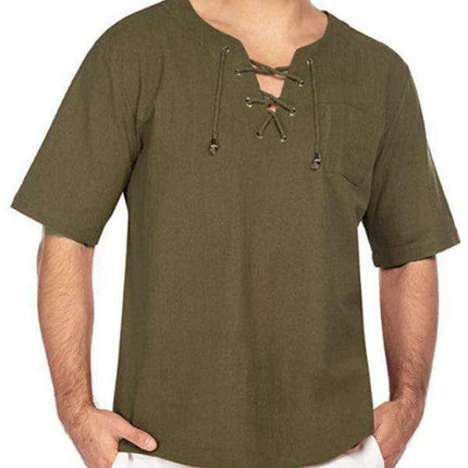 Men's Stylish Tie Collar Drop Shoulder Cotton-Linen T-Shirt