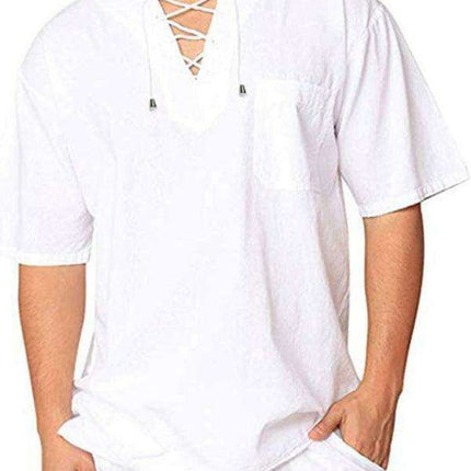 Men's Stylish Tie Collar Drop Shoulder Cotton-Linen T-Shirt