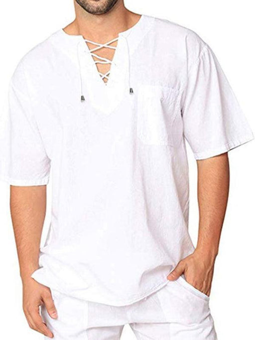 Casual Men's Tie Neck Tee with Cotton Linen Blend and Chic Dropped Shoulder Styling