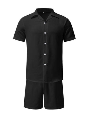 Men's Summer Lapel Cotton Linen Solid Color Short Sleeve Shorts Set-kakaclo-Pale green-M-Très Elite
