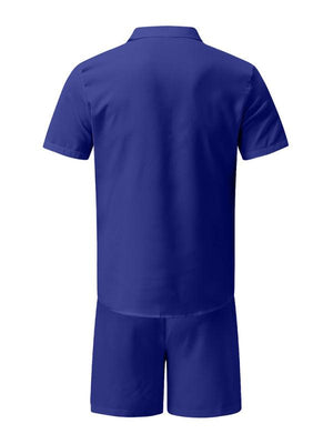 Men's Summer Lapel Cotton Linen Solid Color Short Sleeve Shorts Set-kakaclo-Pale green-M-Très Elite