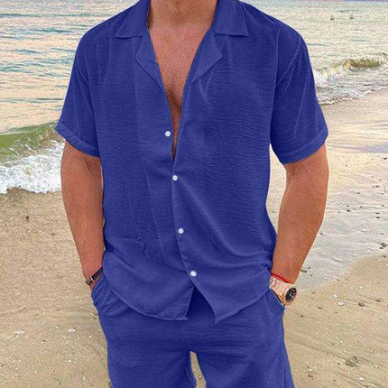 Men's Casual Summer Cotton Linen Suit Set with Lapel | Stylish Short Sleeve Shorts Outfit for Warm Weather Comfort