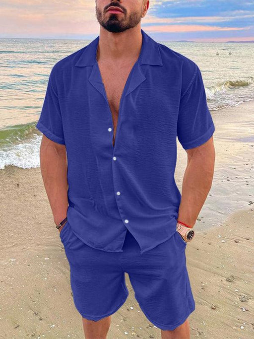 Jakoto | Men's Summer Lapel Cotton Linen Solid Color Short Sleeve Shorts Set