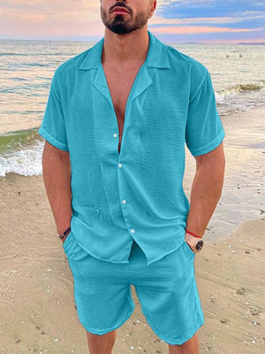 Men's Summer Lapel Cotton Linen Solid Color Short Sleeve Shorts Set-kakaclo-Acid blue-M-Très Elite